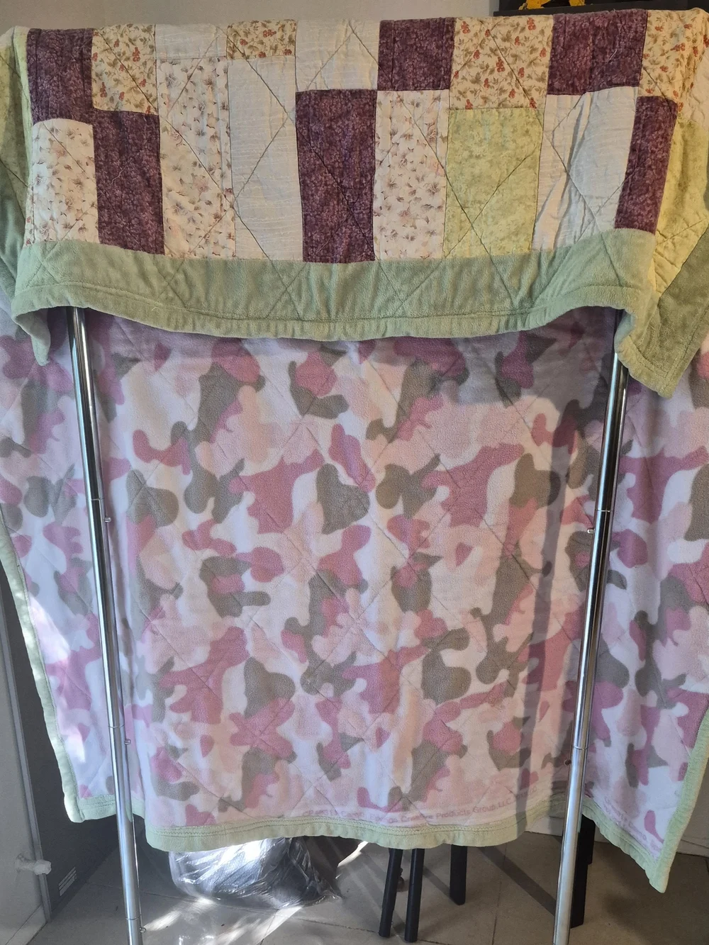 Patchwork Quilt in Purple, Green, and Cream - Cozy Floral Block Design